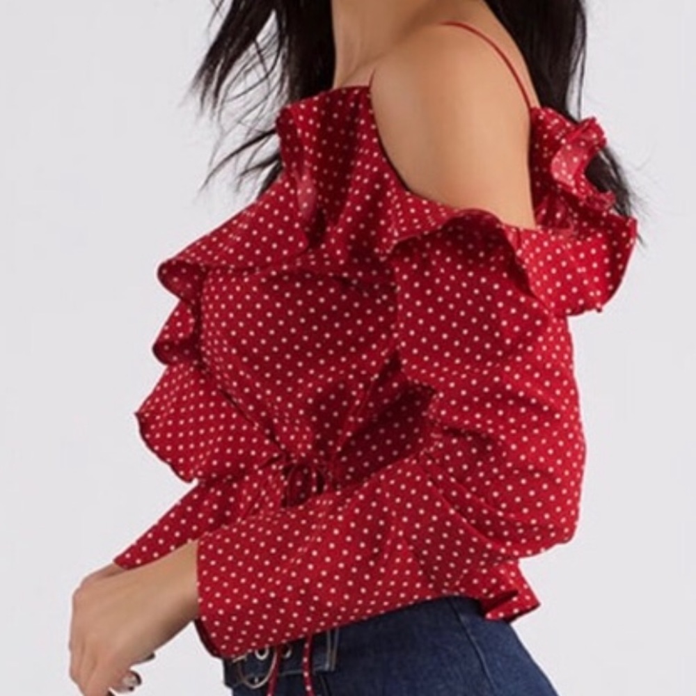 Dot The Eyes Ruffled Cold-Shoulder Top - Picture 2 of 8